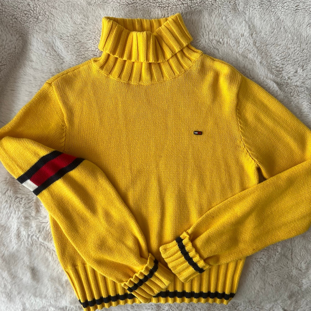 Women's y2k Tommy Jeans logo Yellow Knit Turtleneck Sweater L